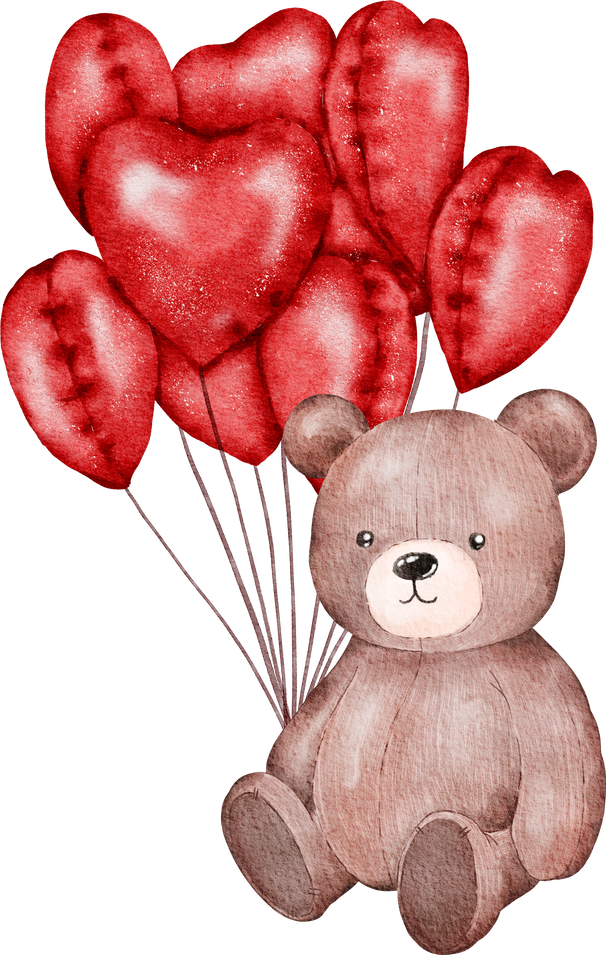 Watercolor Valentine's Day Teddy bear holding balloons